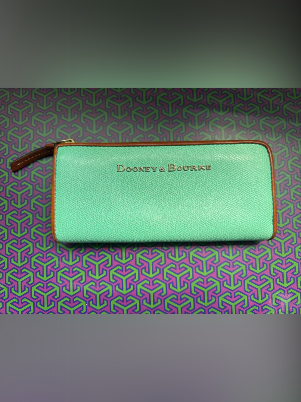 Dooney & Bourke Mint Green Leather Zip Wallet with Brown Trim